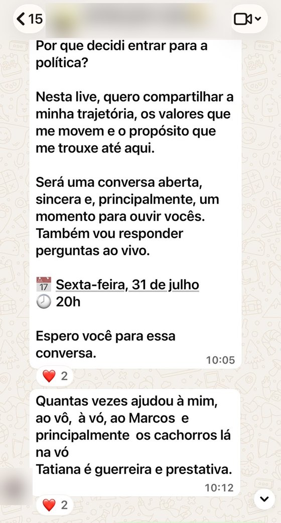 Print de conversa no WhatsApp com mensagem de apoio a Dra. Tatiana Furlan