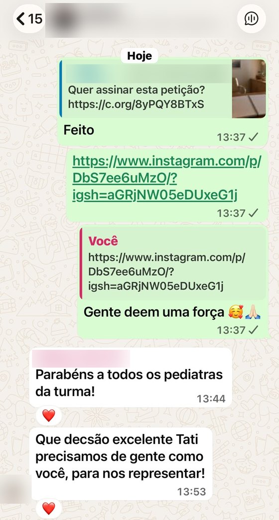 Print de conversa no WhatsApp com mensagem de apoio a Dra. Tatiana Furlan