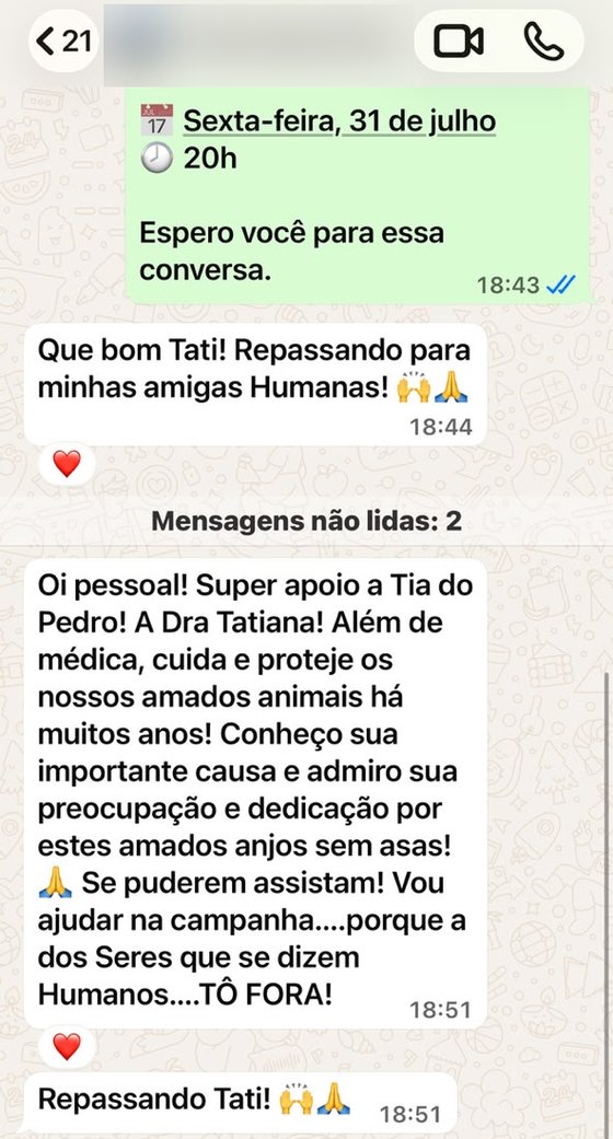 Print de conversa no WhatsApp com mensagem de apoio a Dra. Tatiana Furlan