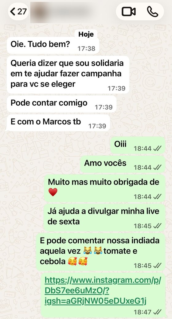 Print de conversa no WhatsApp com mensagem de apoio a Dra. Tatiana Furlan